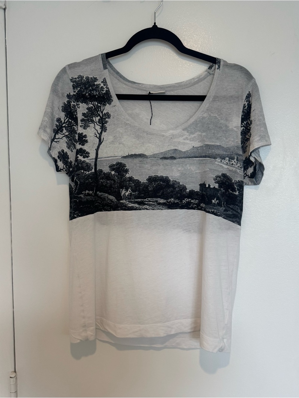 Dries Van Noten White and Gray Scenic Print Short Sleeve Tee